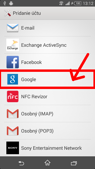 Zvolime typ uctu 'google'