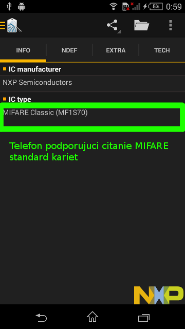Telefon podporujuci citanie MIFARE STANDARD kariet