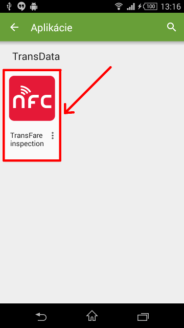 Zvolime aplikaciu  'TransFare inspection'