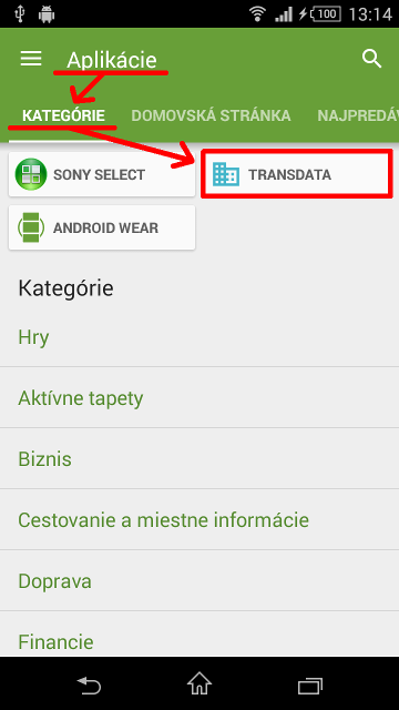 Zvolime 'Aplikacie' -> 'Kategorie' -> 'Transdata'